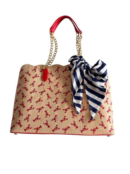 Betsey Johnson Handbags - Betsey Johnson Lobster Print Straw Tote with Blue Stripe Scarf—NWT